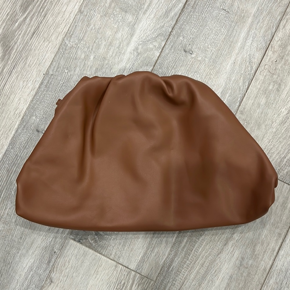 Brown faux leather clutch with rouched and magnetic clamp style top